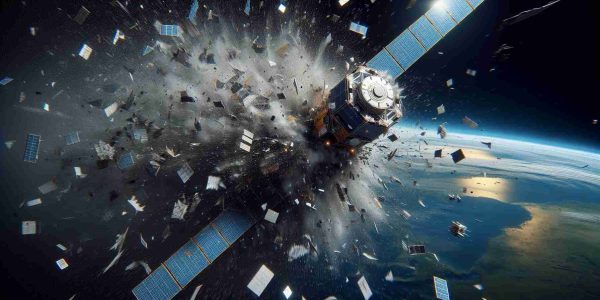 A realistic, high-definition illustration of a satellite breaking up in space. The scene should evoke concerns about space safety. The satellite is in the mid-stages of disintegration, with arrays and modules scattering in various directions. The Earth is visible in the backdrop, providing scale for the event. Radiating outward is space debris, which poses a potential threat to other spacecraft and satellites, noticeably emphasizing the concerns about space safety.