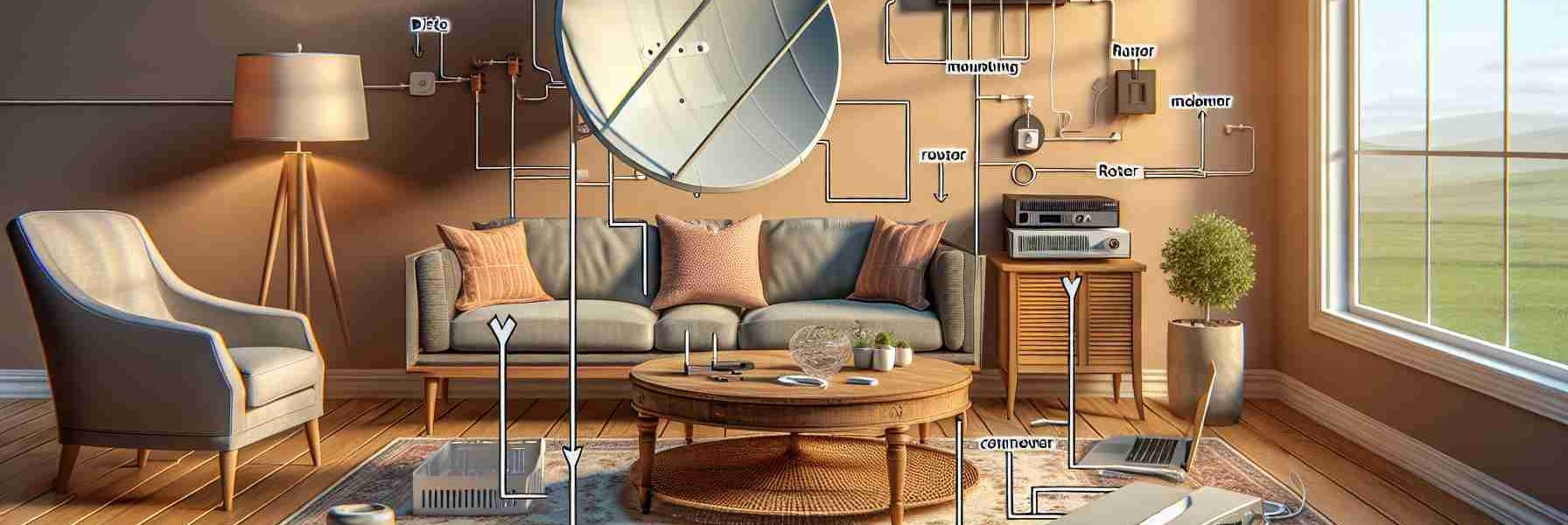 Generate a detailed, high-definition image depicting the set-up process of Starlink, the satellite internet system. Show the essential accessories required for the internet connection like the small satellite dish, mounting equipment, router and modem. Please provide instructions in the image with arrows and labels identifying each piece of equipment, along with a step wise detailing how they should be connected. Keep the environment a standard living room with a neutral wall color, plush sofa, a wood coffee table and an elegant rug beneath. Add a window in the background with a sunny day outside.