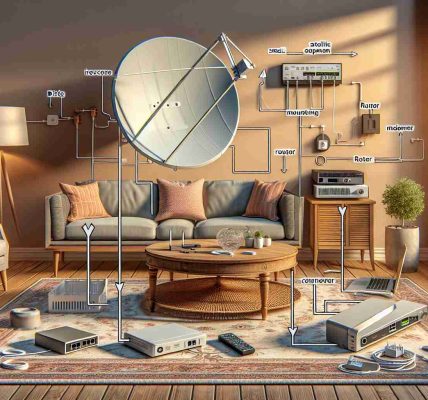 Generate a detailed, high-definition image depicting the set-up process of Starlink, the satellite internet system. Show the essential accessories required for the internet connection like the small satellite dish, mounting equipment, router and modem. Please provide instructions in the image with arrows and labels identifying each piece of equipment, along with a step wise detailing how they should be connected. Keep the environment a standard living room with a neutral wall color, plush sofa, a wood coffee table and an elegant rug beneath. Add a window in the background with a sunny day outside.