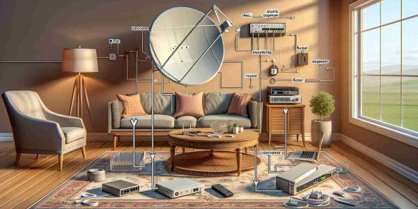 Generate a detailed, high-definition image depicting the set-up process of Starlink, the satellite internet system. Show the essential accessories required for the internet connection like the small satellite dish, mounting equipment, router and modem. Please provide instructions in the image with arrows and labels identifying each piece of equipment, along with a step wise detailing how they should be connected. Keep the environment a standard living room with a neutral wall color, plush sofa, a wood coffee table and an elegant rug beneath. Add a window in the background with a sunny day outside.