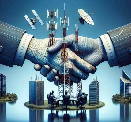 Realistic high-definition image depicting a conceptual representation of large telecommunications companies uniting for fair satellite regulations. The image could portray symbolic elements such as telecom towers or satellites, signifying the technological aspects, and something representing unity or agreement, like handshakes or roundtable discussions.