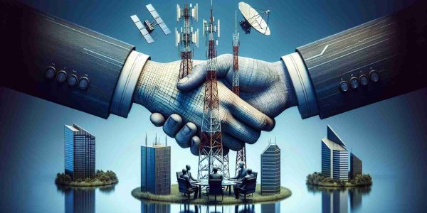 Realistic high-definition image depicting a conceptual representation of large telecommunications companies uniting for fair satellite regulations. The image could portray symbolic elements such as telecom towers or satellites, signifying the technological aspects, and something representing unity or agreement, like handshakes or roundtable discussions.