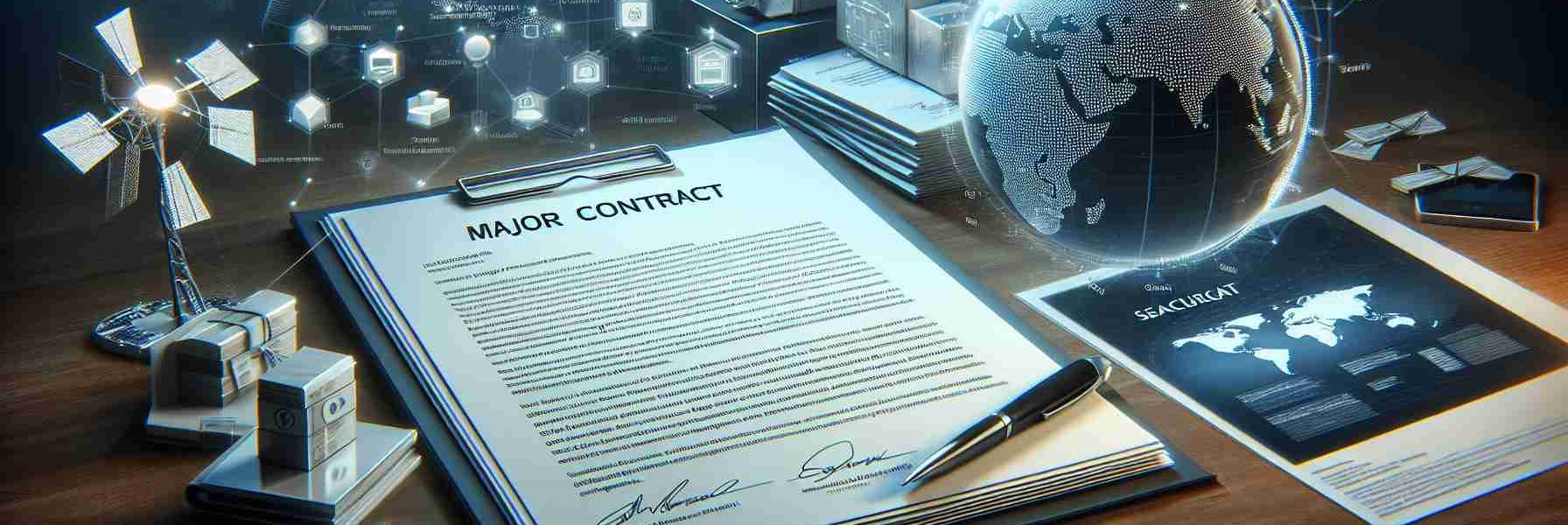 High definition realistic image showing a representation of major secured contracts. This includes large, signed papers with general contract language sprawled out on a modern desk, with innovative hi-tech products around the edges for context, and hints of global satellite networks in the form of miniature satellite models, global maps and connectivity graphics. The atmosphere of the image should suggest successful business and technological advancements.