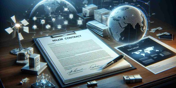 High definition realistic image showing a representation of major secured contracts. This includes large, signed papers with general contract language sprawled out on a modern desk, with innovative hi-tech products around the edges for context, and hints of global satellite networks in the form of miniature satellite models, global maps and connectivity graphics. The atmosphere of the image should suggest successful business and technological advancements.