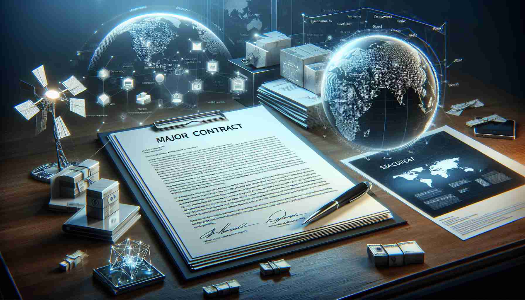 High definition realistic image showing a representation of major secured contracts. This includes large, signed papers with general contract language sprawled out on a modern desk, with innovative hi-tech products around the edges for context, and hints of global satellite networks in the form of miniature satellite models, global maps and connectivity graphics. The atmosphere of the image should suggest successful business and technological advancements.