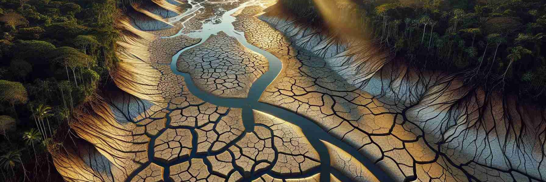 An impeccably high-resolution image that captures a severe drought in the Amazon Basin. The image shows the parched soil devoid of moisture, the receding water bodies revealing their cracked muddy banks, and the dense tropical rainforest in the distance slowly wilting under the harsh conditions. Sunlight illuminates the jagged lines in the dry earth, while the lack of humidity in the air gives a clear view of the horizons. Interact with the environment such as wilting flora provide signals of this harsh climatic phenomenon, capturing the urgency and vital importance of environmental conservation.