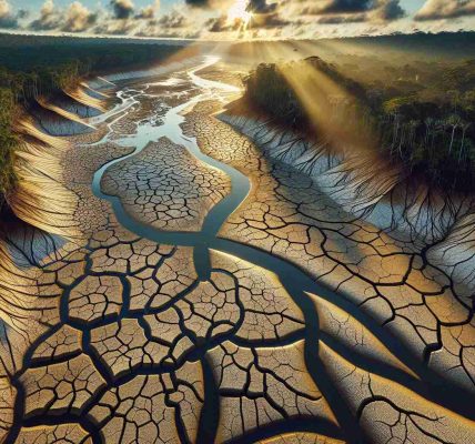 An impeccably high-resolution image that captures a severe drought in the Amazon Basin. The image shows the parched soil devoid of moisture, the receding water bodies revealing their cracked muddy banks, and the dense tropical rainforest in the distance slowly wilting under the harsh conditions. Sunlight illuminates the jagged lines in the dry earth, while the lack of humidity in the air gives a clear view of the horizons. Interact with the environment such as wilting flora provide signals of this harsh climatic phenomenon, capturing the urgency and vital importance of environmental conservation.