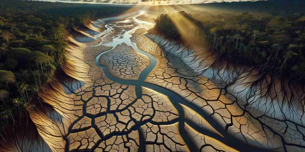 An impeccably high-resolution image that captures a severe drought in the Amazon Basin. The image shows the parched soil devoid of moisture, the receding water bodies revealing their cracked muddy banks, and the dense tropical rainforest in the distance slowly wilting under the harsh conditions. Sunlight illuminates the jagged lines in the dry earth, while the lack of humidity in the air gives a clear view of the horizons. Interact with the environment such as wilting flora provide signals of this harsh climatic phenomenon, capturing the urgency and vital importance of environmental conservation.