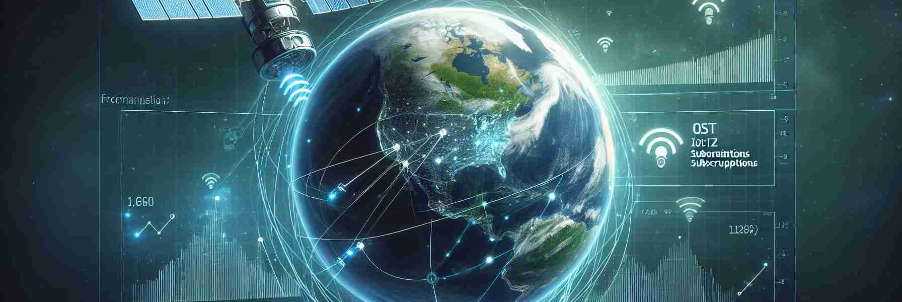 Generate a high-definition, realistic image depicting the concept of global satellite IoT subscriptions projected to increase significantly by the year 2028. This can be represented in the form of a futuristic satellite orbiting Earth with digitally illustrated wave signals reaching out to various parts of the globe. Include an infographic showing a trend line or bar graph demonstrating the anticipated surge in subscriptions.