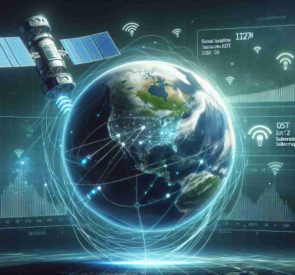 Generate a high-definition, realistic image depicting the concept of global satellite IoT subscriptions projected to increase significantly by the year 2028. This can be represented in the form of a futuristic satellite orbiting Earth with digitally illustrated wave signals reaching out to various parts of the globe. Include an infographic showing a trend line or bar graph demonstrating the anticipated surge in subscriptions.