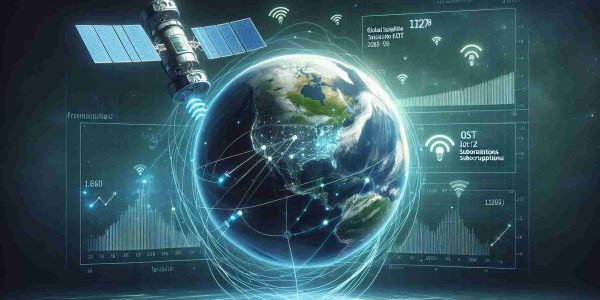 Generate a high-definition, realistic image depicting the concept of global satellite IoT subscriptions projected to increase significantly by the year 2028. This can be represented in the form of a futuristic satellite orbiting Earth with digitally illustrated wave signals reaching out to various parts of the globe. Include an infographic showing a trend line or bar graph demonstrating the anticipated surge in subscriptions.