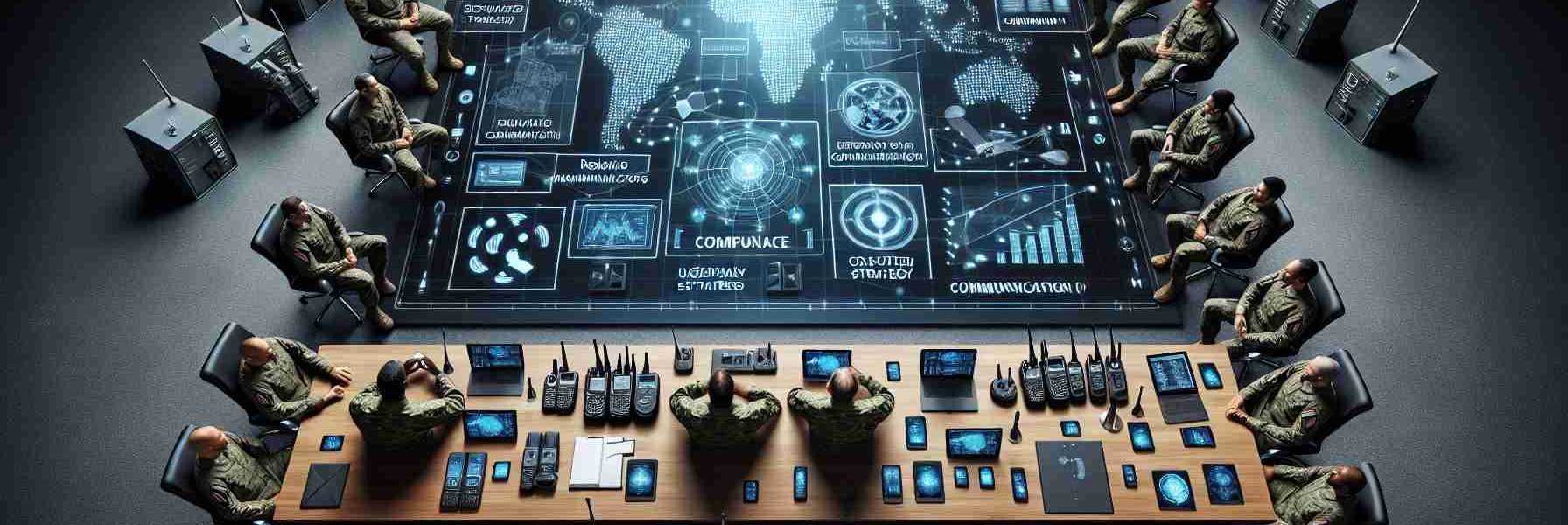 An HD-quality image that depicts the concept of revamping communication strategies suited for modern defense. Show various technology devices that are used in defense communication systems such as radios, satellite phones, and encrypted messaging platforms. Include visuals of a military digital strategy blueprint on a table surrounded by officers, each from a different descent - Caucasian, Hispanic, Black, and Middle-Eastern, with equal representation of genders. Display a world map detailing the spread and connectivity of this advanced system. Everything should appear realistic and detailed, emphasizing the upgrades to the communication strategies.