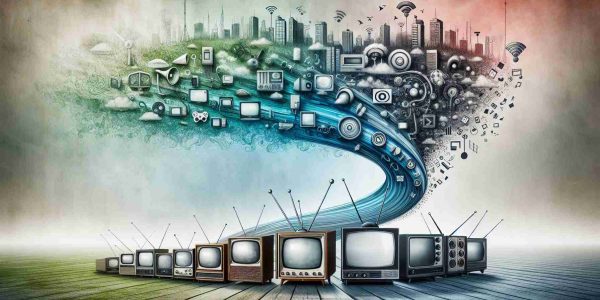 Create a detailed, high-definition image that symbolically represents the evolution of television. Imagine the scene starting with an old-fashioned black and white TV set on the left, moving towards a slightly newer color CRT television in the middle, and then a flat-screen LED TV on the right. Integrate some visual elements representing traditional broadcasting, such as antennas or cable cords, towards the left. As we move towards the right, show these elements fading and being replaced by symbols of internet connectivity like Wi-Fi signals and app icons. Make this transition smooth and gradual, symbolizing the shift towards streaming services.