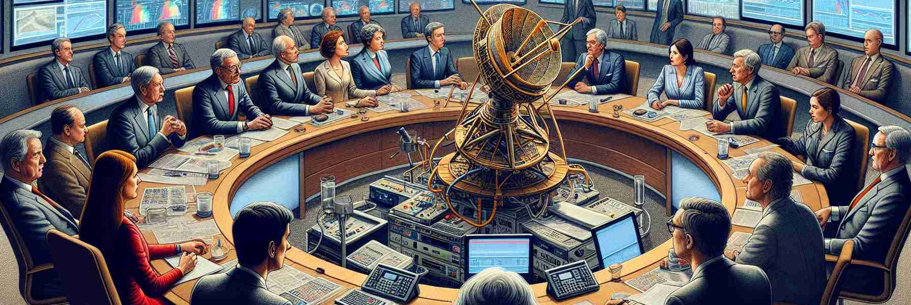 A detailed image depicting a group of broadcasters expressing their concerns in a boardroom meeting. The room is filled with professional broadcast equipment, large screens displaying charts and figures, and a table where broadcasters of various gender and descent are sat. Some are engaged in intense discussion. In the middle of the table is an intricate model of satellite, symbolizing the subject of their discussion - a potential merger of two major satellite companies. The expressions on their faces reflect a rising concern.