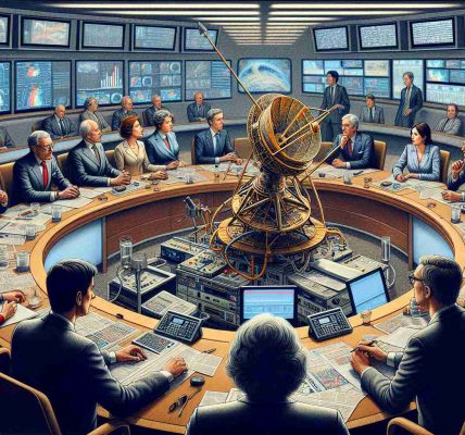 A detailed image depicting a group of broadcasters expressing their concerns in a boardroom meeting. The room is filled with professional broadcast equipment, large screens displaying charts and figures, and a table where broadcasters of various gender and descent are sat. Some are engaged in intense discussion. In the middle of the table is an intricate model of satellite, symbolizing the subject of their discussion - a potential merger of two major satellite companies. The expressions on their faces reflect a rising concern.