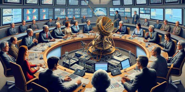 A detailed image depicting a group of broadcasters expressing their concerns in a boardroom meeting. The room is filled with professional broadcast equipment, large screens displaying charts and figures, and a table where broadcasters of various gender and descent are sat. Some are engaged in intense discussion. In the middle of the table is an intricate model of satellite, symbolizing the subject of their discussion - a potential merger of two major satellite companies. The expressions on their faces reflect a rising concern.