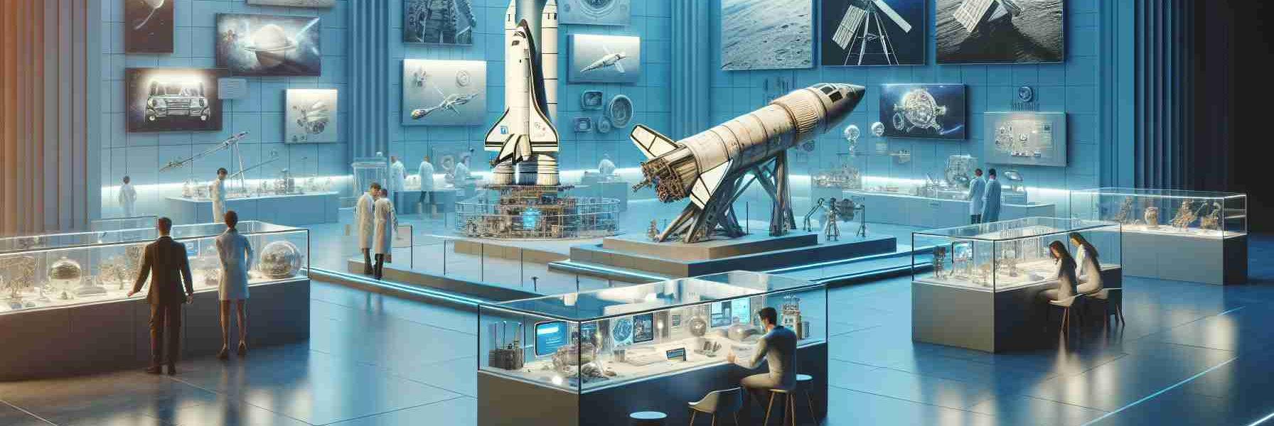 Generate a high-definition, realistic image showcasing Hertfordshire's notable contributions to the field of space exploration. The scene should depict various space technologies, perhaps a museum or exhibition featuring spacecraft models, photographs, or replicas representing Hertfordshire's achievements. Key aspects such as research labs, scientists working on futuristic projects, and educational displays explaining their significance may also be included.