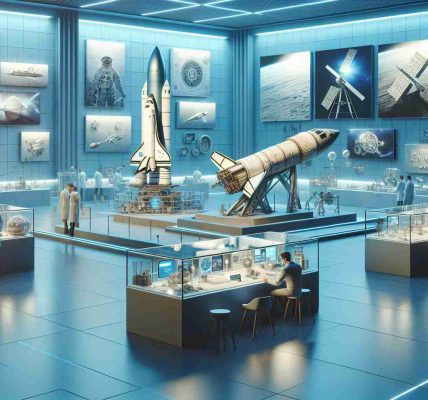 Generate a high-definition, realistic image showcasing Hertfordshire's notable contributions to the field of space exploration. The scene should depict various space technologies, perhaps a museum or exhibition featuring spacecraft models, photographs, or replicas representing Hertfordshire's achievements. Key aspects such as research labs, scientists working on futuristic projects, and educational displays explaining their significance may also be included.