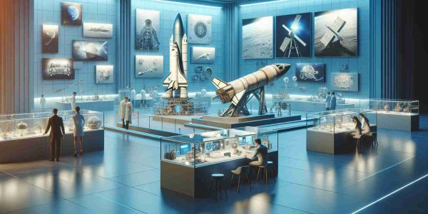 Generate a high-definition, realistic image showcasing Hertfordshire's notable contributions to the field of space exploration. The scene should depict various space technologies, perhaps a museum or exhibition featuring spacecraft models, photographs, or replicas representing Hertfordshire's achievements. Key aspects such as research labs, scientists working on futuristic projects, and educational displays explaining their significance may also be included.