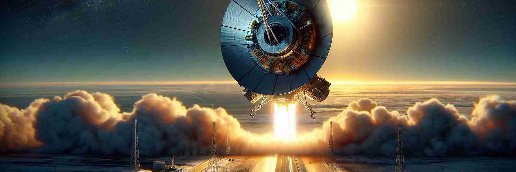 A highly detailed, realistic representation of the launch of an innovative space telescope by a non-specific international space agency. The scene captures the precise moment as the spacecraft, a marvel of modern engineering, propels itself into the clear, blue sky, leaving a trail of smoke and flames behind. The telescope's sleek design speaks volumes of its advanced technology, created solely for monitoring solar activity. In the distant background, the faint image of the fiery sun paints a splendid view of our star, underscoring the pioneering mission's aim.