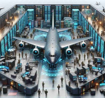 A high-definition illustration presenting an advanced, technological scene. There is an aircraft, detailed with cutting-edge elements, that has been transformed into a sophisticated data center. The design of the data center emphasizes progress and innovation. Multiple high-tech computers, blinking servers, and layered networks cover every corner of the interior. The military theme is evident through the tactical equipment and uniforms seen in the surrounding. There are people of different descents like Caucasian, Black, Hispanic, South Asian, and Middle-Eastern, both men and women working seamlessly on coordinating various operations. The atmosphere emanates a sense of urgency and importance.