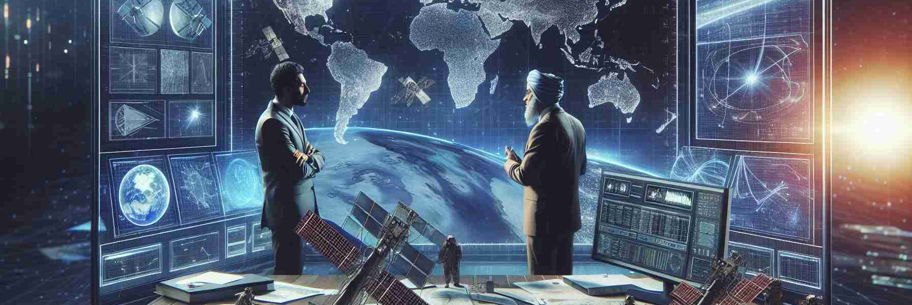 Generate a highly detailed, realistic HD image illustrating the impact of a major transaction on a nondescript satellite industry. The scene should depict industry professionals - a Middle-Eastern male and a Hispanic female - discussing near a large monitor displaying satellite orbits. Include a number of satellite models and blueprints spread across a nearby table, hints at financial charts or graphs subtly incorporated into the background, and elements suggesting a transition or change in the industry.