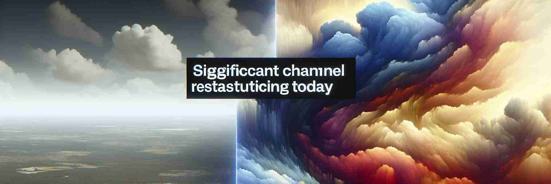 Generate a high-definition, realistic image of a sky filled with dramatic clouds. Work in visual elements implying a significant change, such as divergence in cloud formations or color gradations from one side to the other. Text overlay says 'Significant Channel Restructuring Today'.