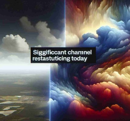 Generate a high-definition, realistic image of a sky filled with dramatic clouds. Work in visual elements implying a significant change, such as divergence in cloud formations or color gradations from one side to the other. Text overlay says 'Significant Channel Restructuring Today'.