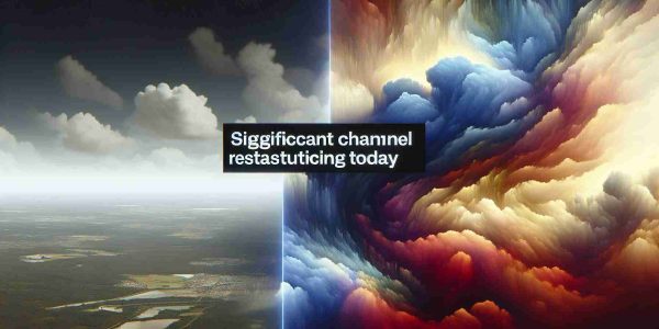 Generate a high-definition, realistic image of a sky filled with dramatic clouds. Work in visual elements implying a significant change, such as divergence in cloud formations or color gradations from one side to the other. Text overlay says 'Significant Channel Restructuring Today'.