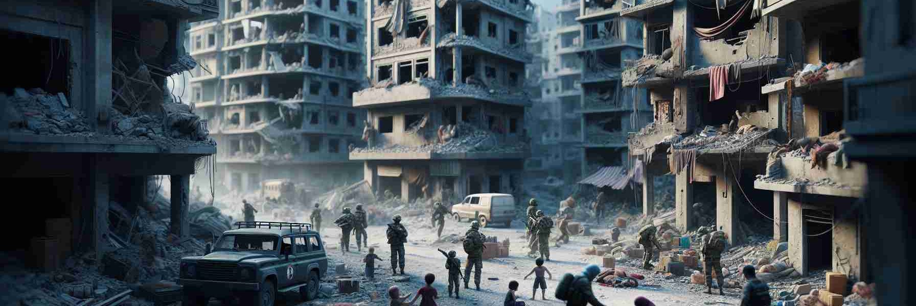 A realistic, high definition depiction of a scene showing the consequences of conflict, specifically set in a city undergoing humanitarian crisis. Include ravaged buildings and rubble strewn streets. Please abstract the specific geographic location. You can have individuals of various ages, gender, and descent trying to survive amidst the chaos. Show poignant elements such as children playing among the ruins or people sharing food. Please ensure the scene respects the gravity of the situation without graphic or disturbing imagery.