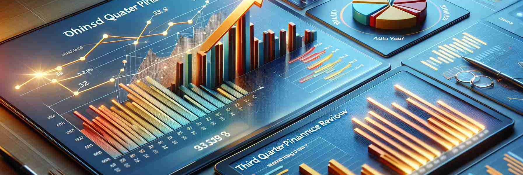 Create a photorealistic, high-definition image depicting the highlights of a third quarter financial performance review. The image should include elements such as bar graphs showing growth, a pie chart analyzing different revenue streams, and perhaps a positive arrow sign indicating an upward trend. Also, the color scheme should be crisp, professional and relevant to financial contexts.