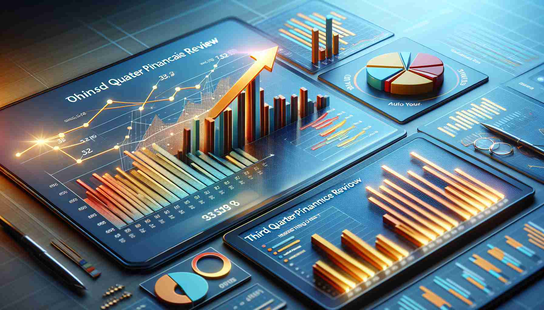 Create a photorealistic, high-definition image depicting the highlights of a third quarter financial performance review. The image should include elements such as bar graphs showing growth, a pie chart analyzing different revenue streams, and perhaps a positive arrow sign indicating an upward trend. Also, the color scheme should be crisp, professional and relevant to financial contexts.