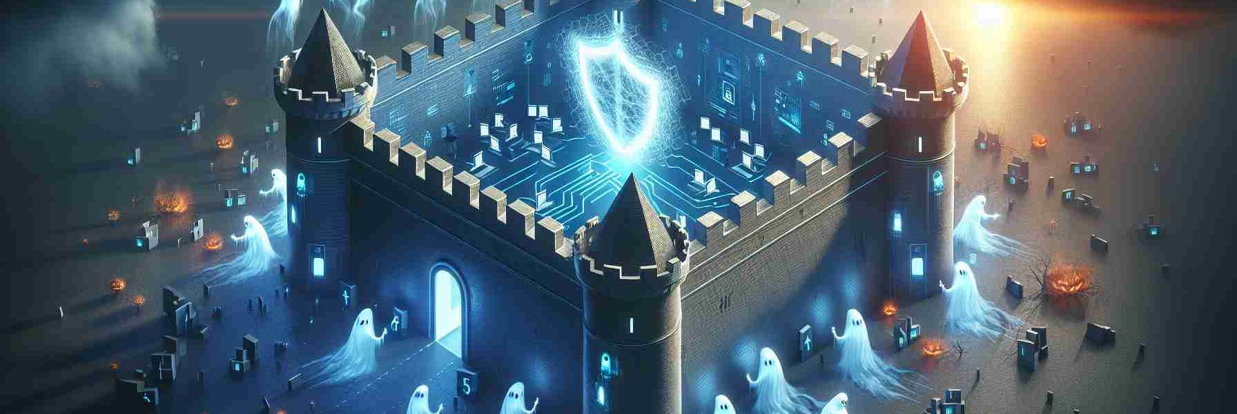 Create a high-definition, realistic image depicting a metaphorical representation of a surge in cybersecurity threats towards a company named 'Fortum'. The composition should include a secure fortress under the attack of ghost-like, eerie specters, representative of the cyber threats. The specters could be trying to breach the fortress walls, symbolizing attempts at hacking. Visible in the epicenter of the fortress, there should be a glowing shield illustrating the company's defense efforts.