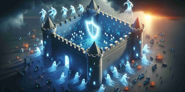 Create a high-definition, realistic image depicting a metaphorical representation of a surge in cybersecurity threats towards a company named 'Fortum'. The composition should include a secure fortress under the attack of ghost-like, eerie specters, representative of the cyber threats. The specters could be trying to breach the fortress walls, symbolizing attempts at hacking. Visible in the epicenter of the fortress, there should be a glowing shield illustrating the company's defense efforts.