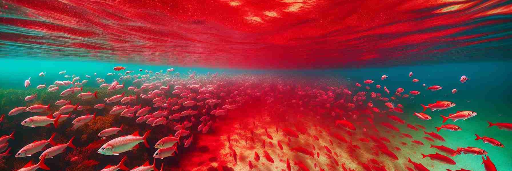 Create a high-definition, realistic image showcasing the impact of red tide phenomenon on Florida's marine life. The image should portray the waters turning red with the harmful algal bloom, visible distress among the fish and other marine animals, and the disrupted underwater ecosystem.