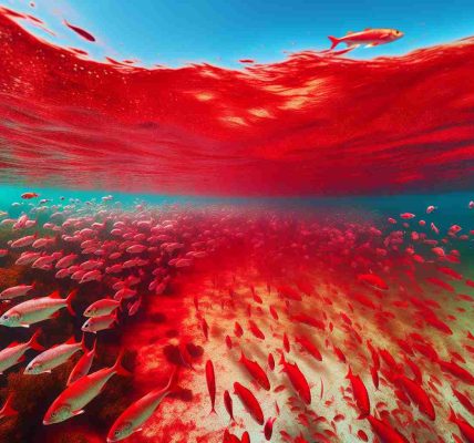 Create a high-definition, realistic image showcasing the impact of red tide phenomenon on Florida's marine life. The image should portray the waters turning red with the harmful algal bloom, visible distress among the fish and other marine animals, and the disrupted underwater ecosystem.