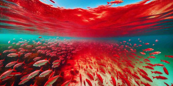 Create a high-definition, realistic image showcasing the impact of red tide phenomenon on Florida's marine life. The image should portray the waters turning red with the harmful algal bloom, visible distress among the fish and other marine animals, and the disrupted underwater ecosystem.