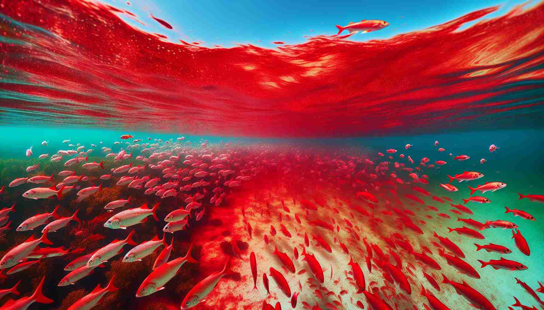 Create a high-definition, realistic image showcasing the impact of red tide phenomenon on Florida's marine life. The image should portray the waters turning red with the harmful algal bloom, visible distress among the fish and other marine animals, and the disrupted underwater ecosystem.