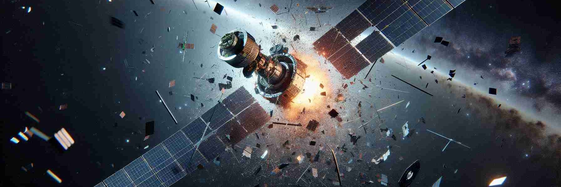 Generate a high-definition, realistic scene portraying a satellite undergoing a breakup in space. The scene should emphasise the resulting space debris spread around, highlighting potential risks and concerns associated with such events. The satellite should be depicted as a typical, science-fiction inspired design, equipped with solar panels and various antennas and sensors. The backdrop should feature the infinite expanse of the deep cosmos, dotted with distant stars.