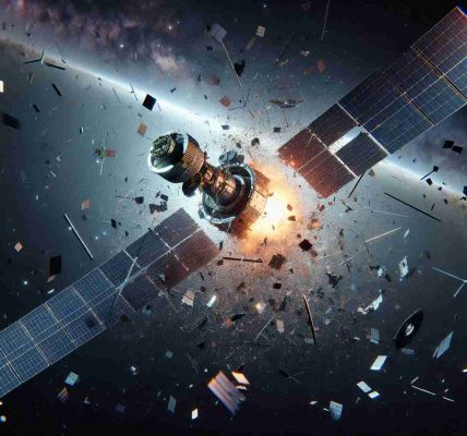 Generate a high-definition, realistic scene portraying a satellite undergoing a breakup in space. The scene should emphasise the resulting space debris spread around, highlighting potential risks and concerns associated with such events. The satellite should be depicted as a typical, science-fiction inspired design, equipped with solar panels and various antennas and sensors. The backdrop should feature the infinite expanse of the deep cosmos, dotted with distant stars.