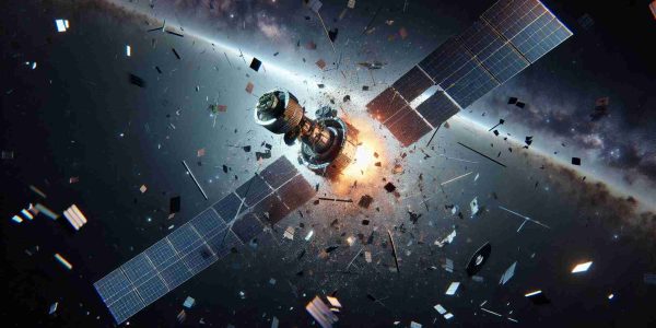 Generate a high-definition, realistic scene portraying a satellite undergoing a breakup in space. The scene should emphasise the resulting space debris spread around, highlighting potential risks and concerns associated with such events. The satellite should be depicted as a typical, science-fiction inspired design, equipped with solar panels and various antennas and sensors. The backdrop should feature the infinite expanse of the deep cosmos, dotted with distant stars.