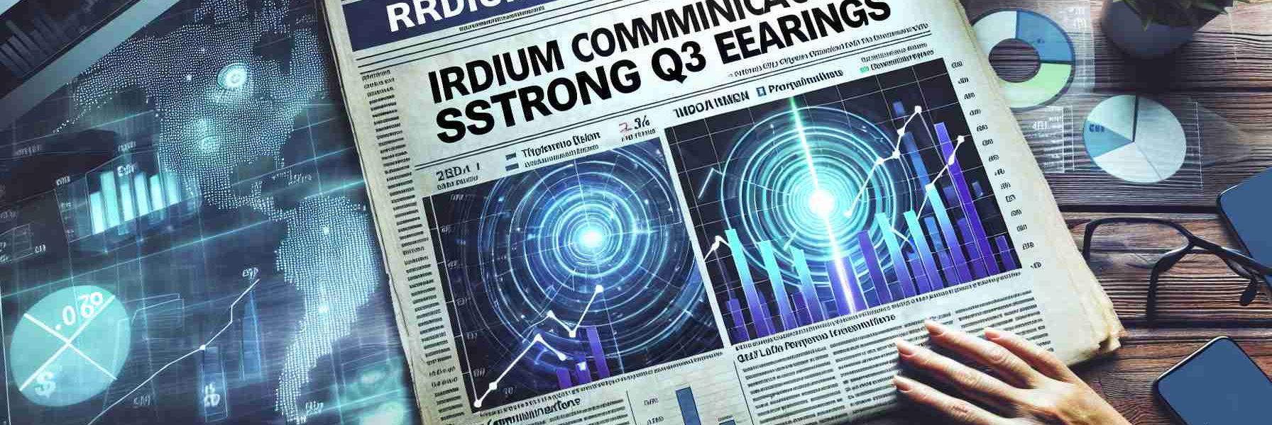 Generate an HD image of a newspaper headline that reads 'Iridium Communications Reports Strong Q3 Earnings', with accompanying subheadings and a background of financial charts symbolizing growth and profitability