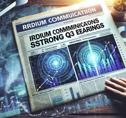 Generate an HD image of a newspaper headline that reads 'Iridium Communications Reports Strong Q3 Earnings', with accompanying subheadings and a background of financial charts symbolizing growth and profitability