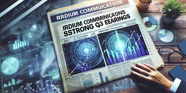 Generate an HD image of a newspaper headline that reads 'Iridium Communications Reports Strong Q3 Earnings', with accompanying subheadings and a background of financial charts symbolizing growth and profitability