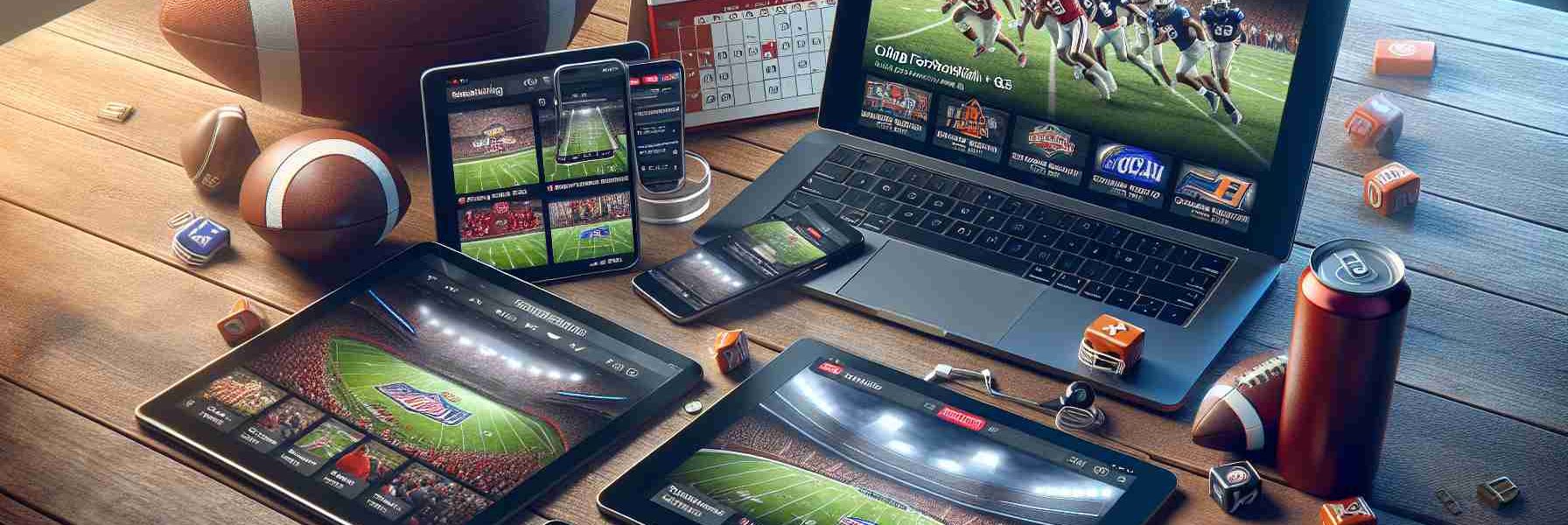 A highly realistic HD image showcasing various digital devices such as a laptop, tablet, and smartphone, all with different screens displaying streaming options for college football games this season. Each device should show different user interfaces, some with live broadcasting, others with game schedules, and some with highlighted popular matches. A calendar and college team memorabilia should be in the background to suggest the ongoing football season.