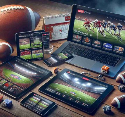 A highly realistic HD image showcasing various digital devices such as a laptop, tablet, and smartphone, all with different screens displaying streaming options for college football games this season. Each device should show different user interfaces, some with live broadcasting, others with game schedules, and some with highlighted popular matches. A calendar and college team memorabilia should be in the background to suggest the ongoing football season.