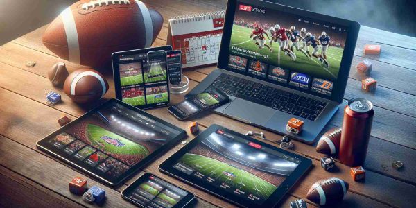 A highly realistic HD image showcasing various digital devices such as a laptop, tablet, and smartphone, all with different screens displaying streaming options for college football games this season. Each device should show different user interfaces, some with live broadcasting, others with game schedules, and some with highlighted popular matches. A calendar and college team memorabilia should be in the background to suggest the ongoing football season.