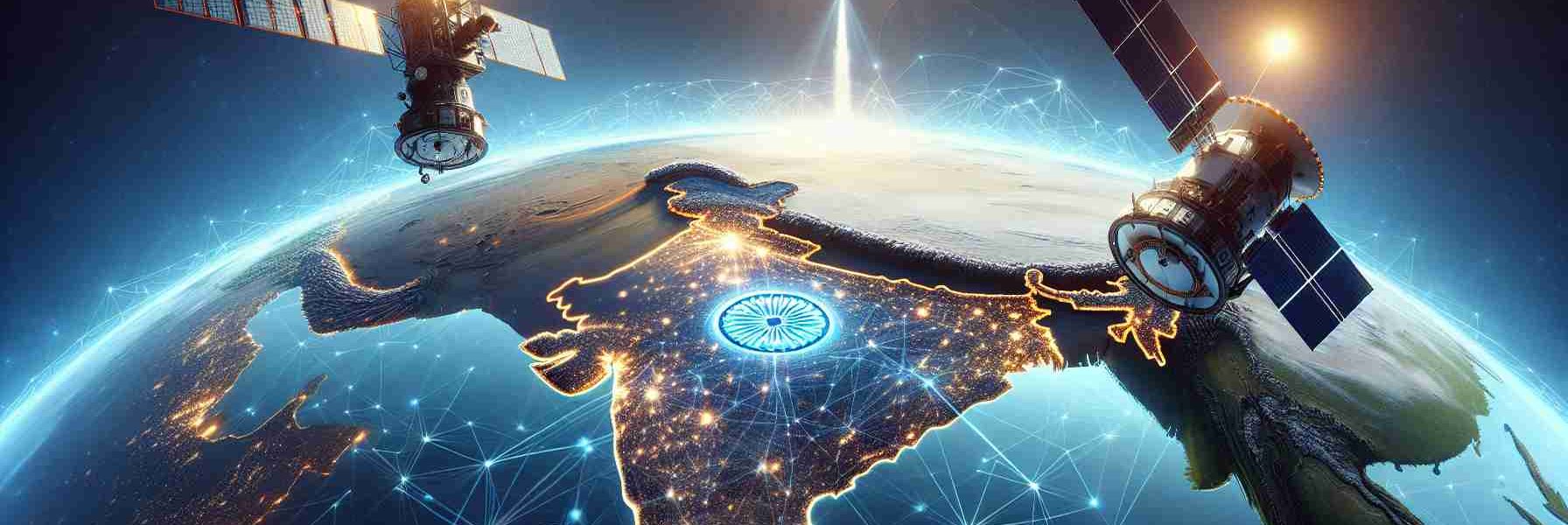 Render a detailed, high-definition image portraying the collaboration of two unidentified but major international satellite service providers, symbolized by their distinct logos, paving the way for enhanced satellite connectivity in India. The scene can include a pictorial representation of India, complemented by space satellites, connecting lines, and a broad expanse of blue sky suggestive of a more interconnected nation.