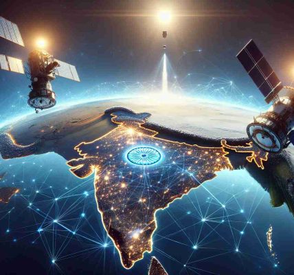 Render a detailed, high-definition image portraying the collaboration of two unidentified but major international satellite service providers, symbolized by their distinct logos, paving the way for enhanced satellite connectivity in India. The scene can include a pictorial representation of India, complemented by space satellites, connecting lines, and a broad expanse of blue sky suggestive of a more interconnected nation.