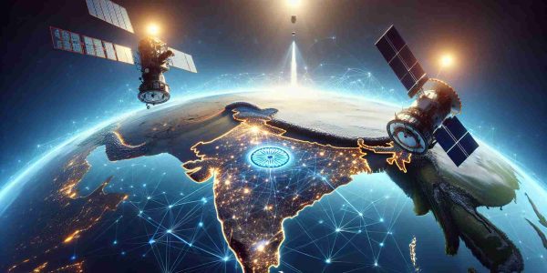 Render a detailed, high-definition image portraying the collaboration of two unidentified but major international satellite service providers, symbolized by their distinct logos, paving the way for enhanced satellite connectivity in India. The scene can include a pictorial representation of India, complemented by space satellites, connecting lines, and a broad expanse of blue sky suggestive of a more interconnected nation.